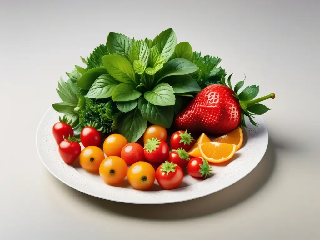 Un festín visual de frutas y verduras frescas en un plato blanco