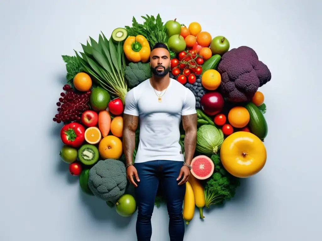 Un festín visual de frutas y verduras coloridas que resalta la diversidad en la dieta vegana, ideal para la absorción de vitaminas