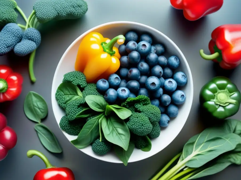 Un festín visual de frutas y verduras antioxidantes en una ilustración moderna y vibrante