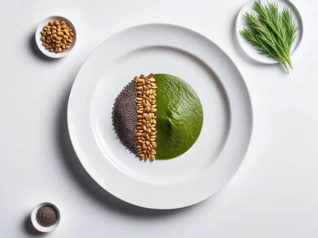 Un festín visual de fuentes Omega3 veganas para potenciar el cerebro en una presentación artística y moderna en un plato cerámico blanco