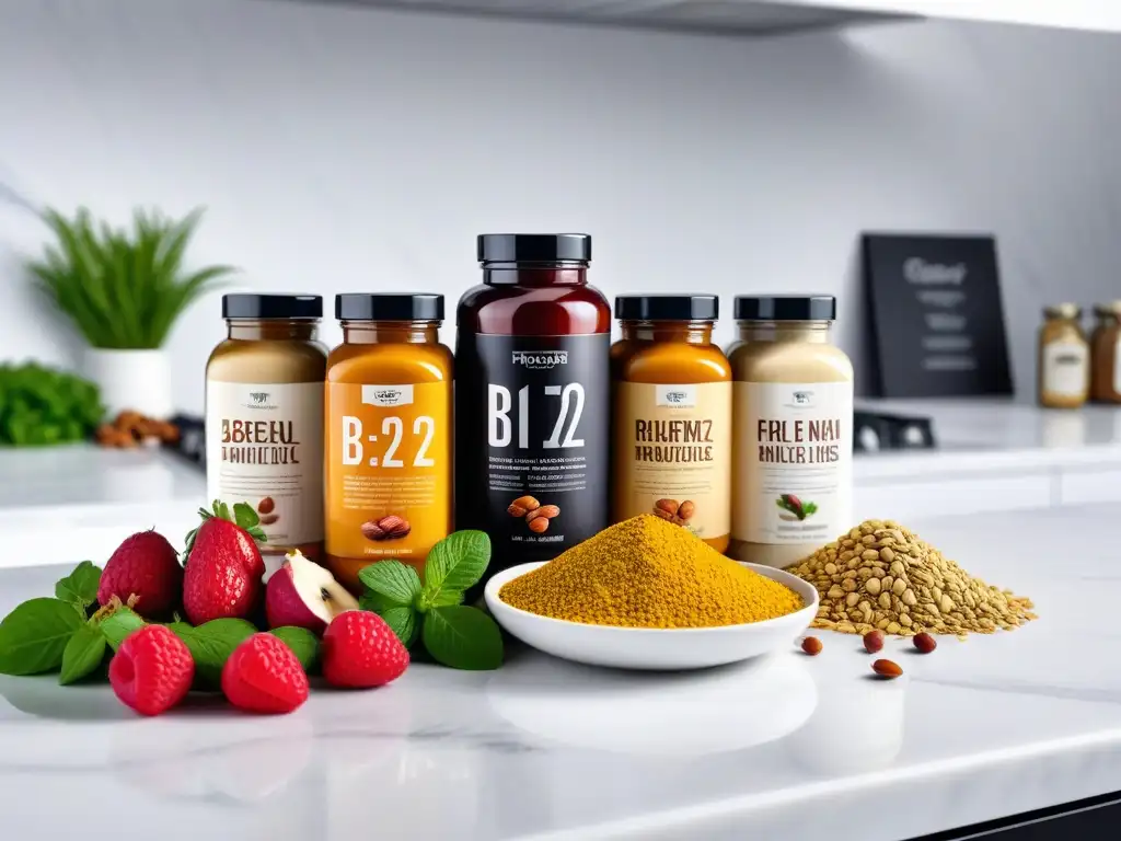 Un festín visual de fuentes de vitamina B12 vegana dispuestas con elegancia en una encimera de mármol blanco