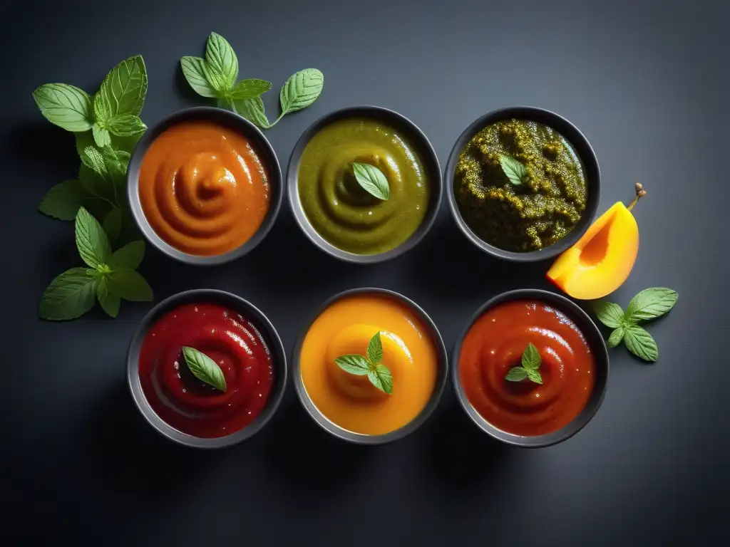 Un festín visual de chutneys indios veganos en vibrantes colores, inspirando sabor y arte culinario