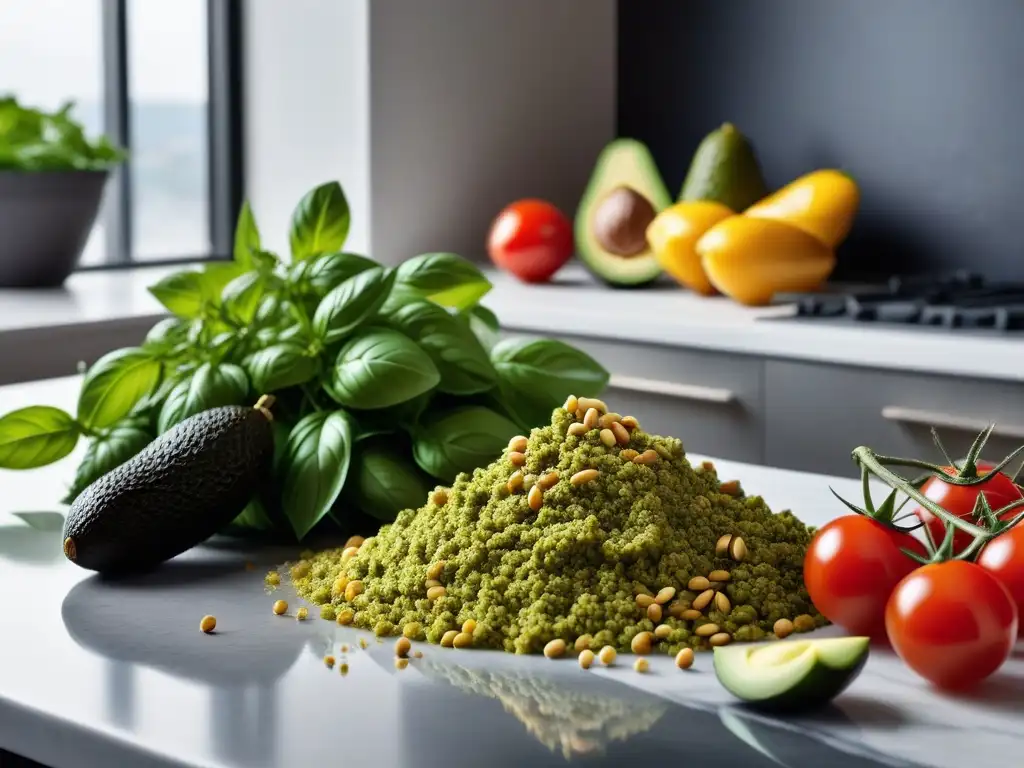 Un festín visual de ingredientes frescos y orgánicos para recetas pesto vegano gourmet