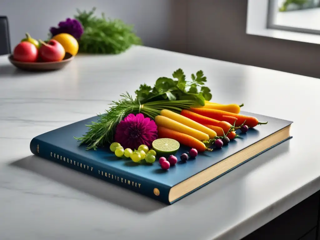 Un festín visual de libros de cocina vegana arte visual, con platos coloridos y detallados bañados por luz natural en una cocina moderna