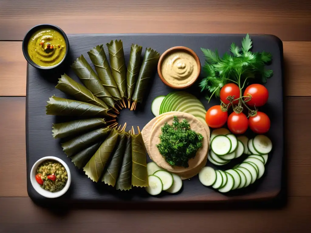 Un festín visual de mezze vegano y recetas mediterráneas en una elegante presentación en tabla de madera moderna