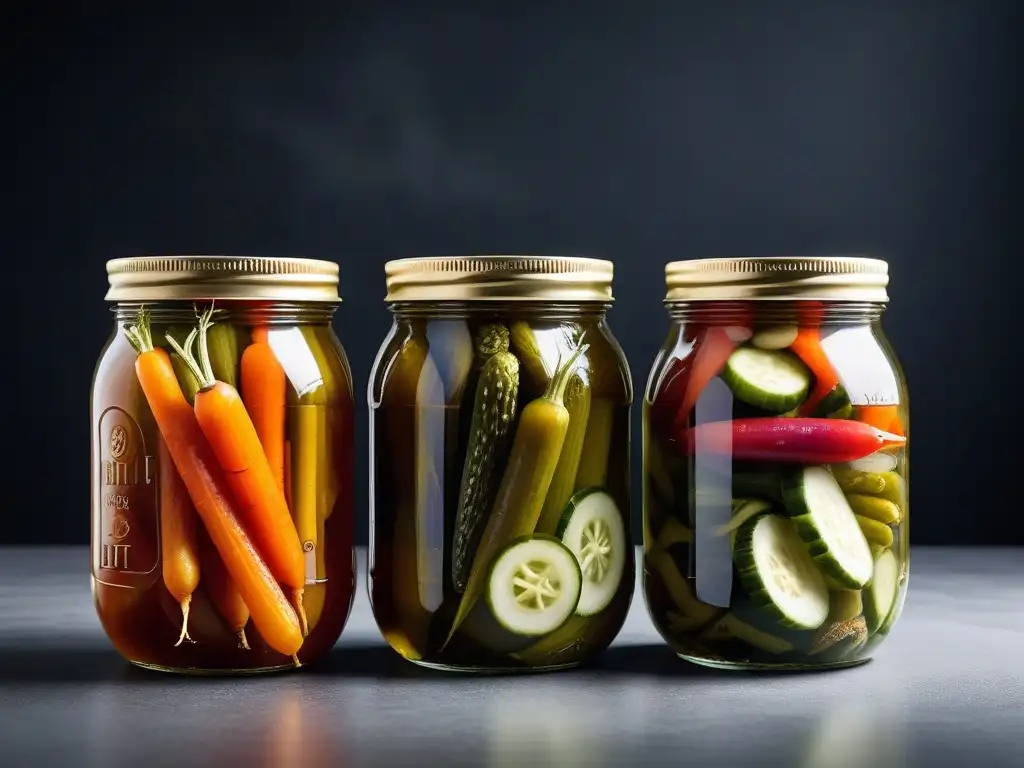 Un festín visual de pickles veganos caseros ácidos en frascos de vidrio