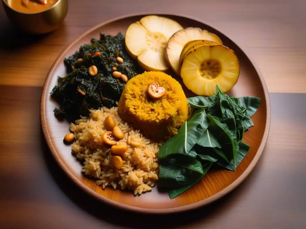 Un festín visual de platos veganos africanos tradicionales con arroz jollof, plátanos y salsa de maní, en una presentación colorida y detallada