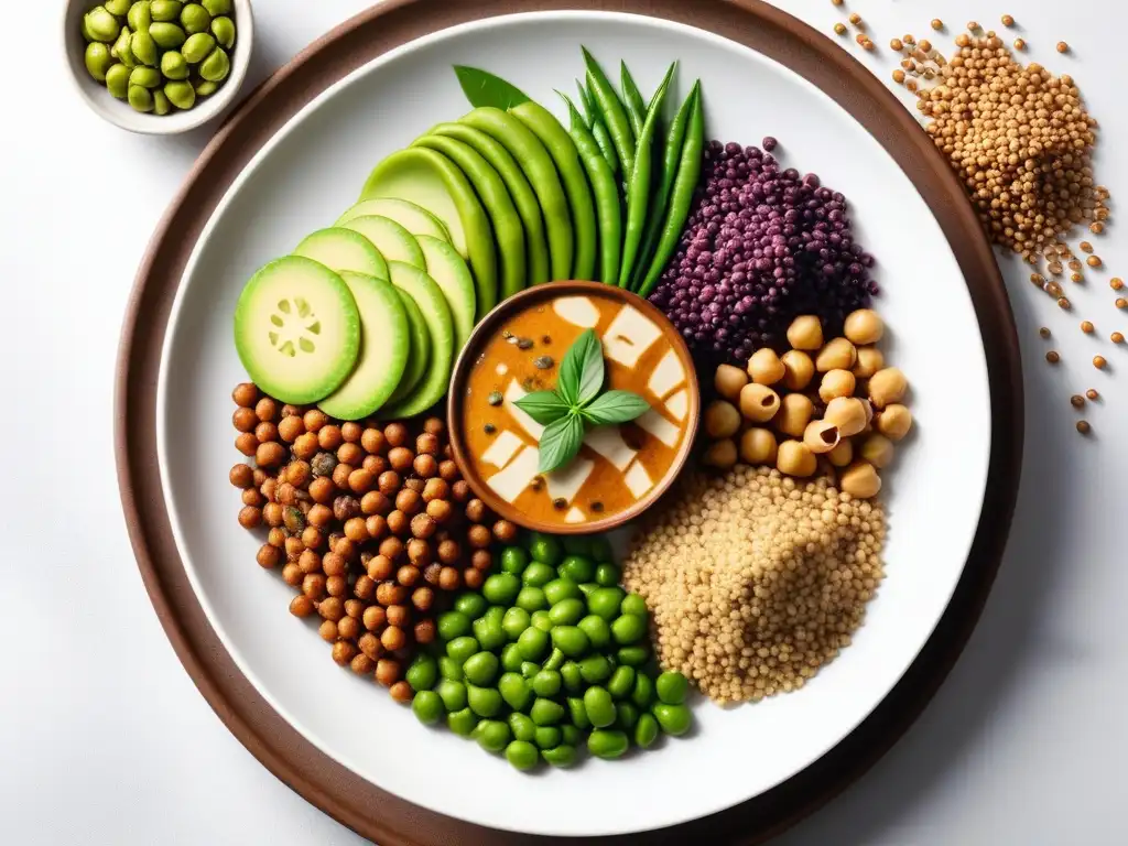 Un festín visual de proteínas vegetales: tofu, tempeh, lentejas, garbanzos, quinua y edamame, con hierbas frescas y especias coloridas