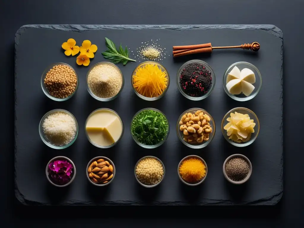 Deliciosas alternativas veganas de parmesano: arte culinario moderno Un festín visual de recetas parmesano vegano casero, con variedad de opciones y adornos frescos, sobre una elegante tabla de pizarra