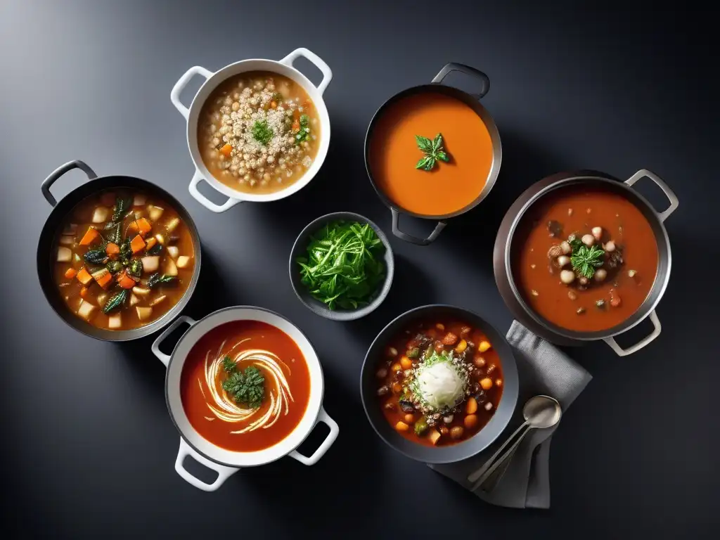 Un festín visual de recetas veganas sopas guisos invierno, con caldos coloridos y aromas reconfortantes burbujeando en ollas modernas