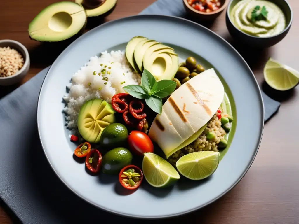 Una festín visual de recetas veganas internacionales para alergias, con curry tailandés, taco de jackfruit, ensalada mediterránea y sushi de tofu