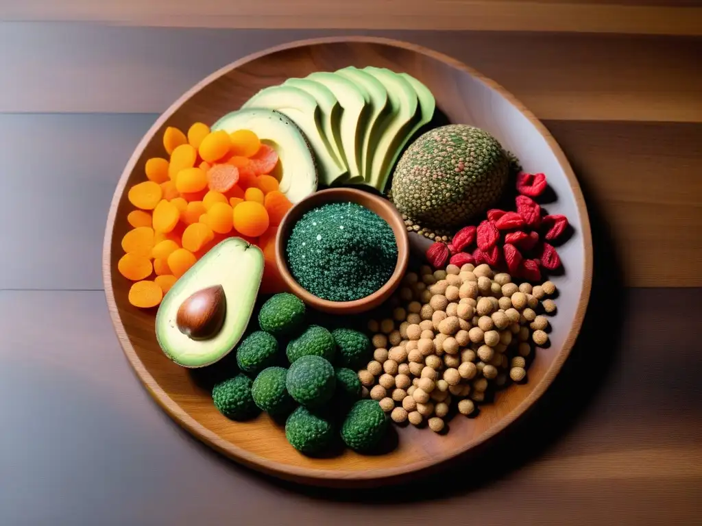 Un festín visual de snacks veganos con superalimentos nutricionales, coloridos y vibrantes en una tabla de madera minimalista