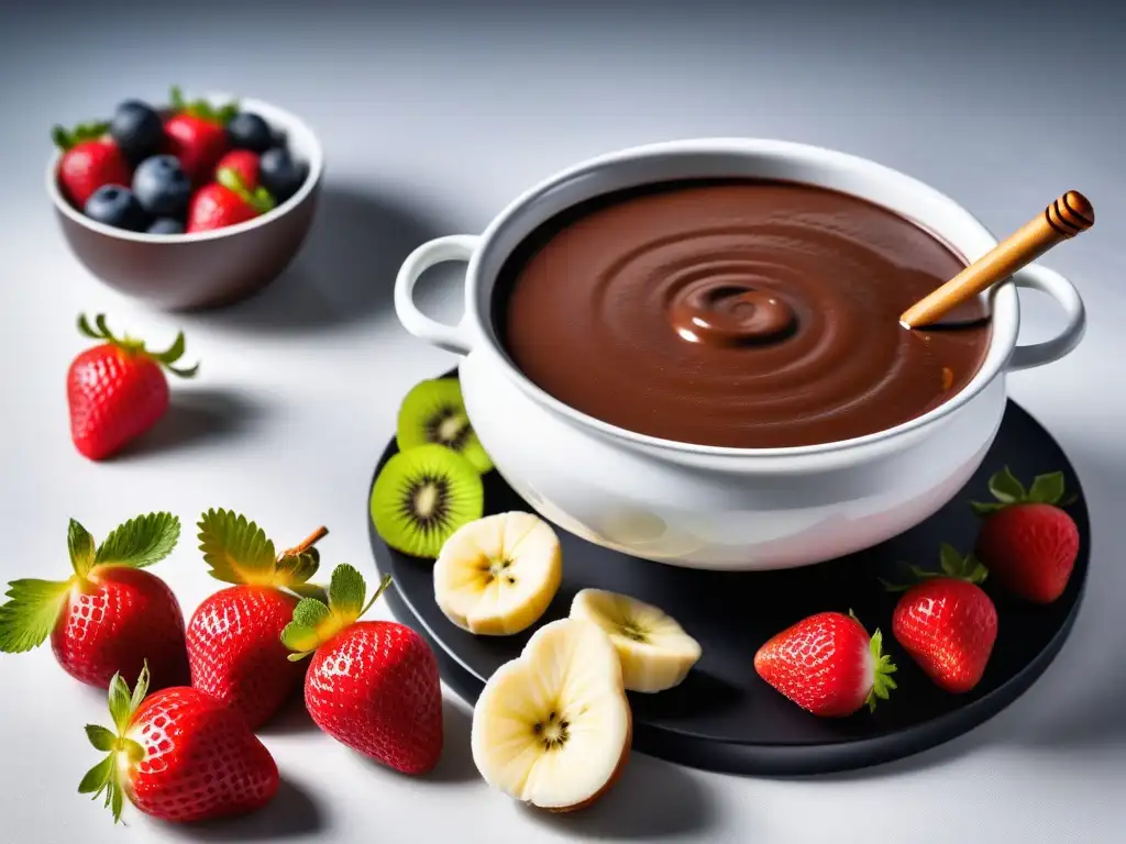 Un festín visual de fondue suiza vegana con frutas frescas y malvaviscos, en una mesa elegante