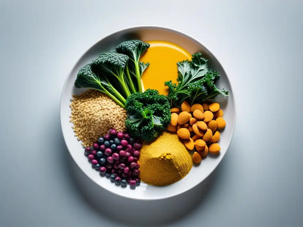 Un festín visual de superalimentos veganos para fortalecer el sistema inmunológico, con kale, arándanos, cúrcuma, almendras y chía en plato blanco