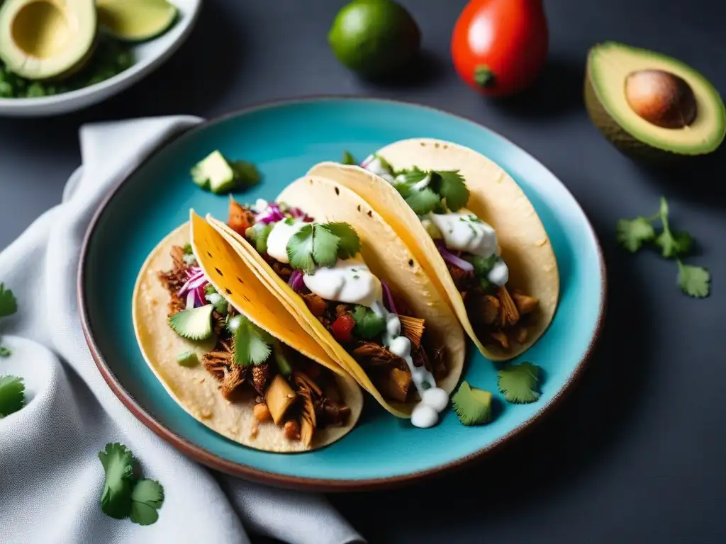 Un festín visual de tacos veganos de carnitas de jackfruit con salsa fresca y aguacate