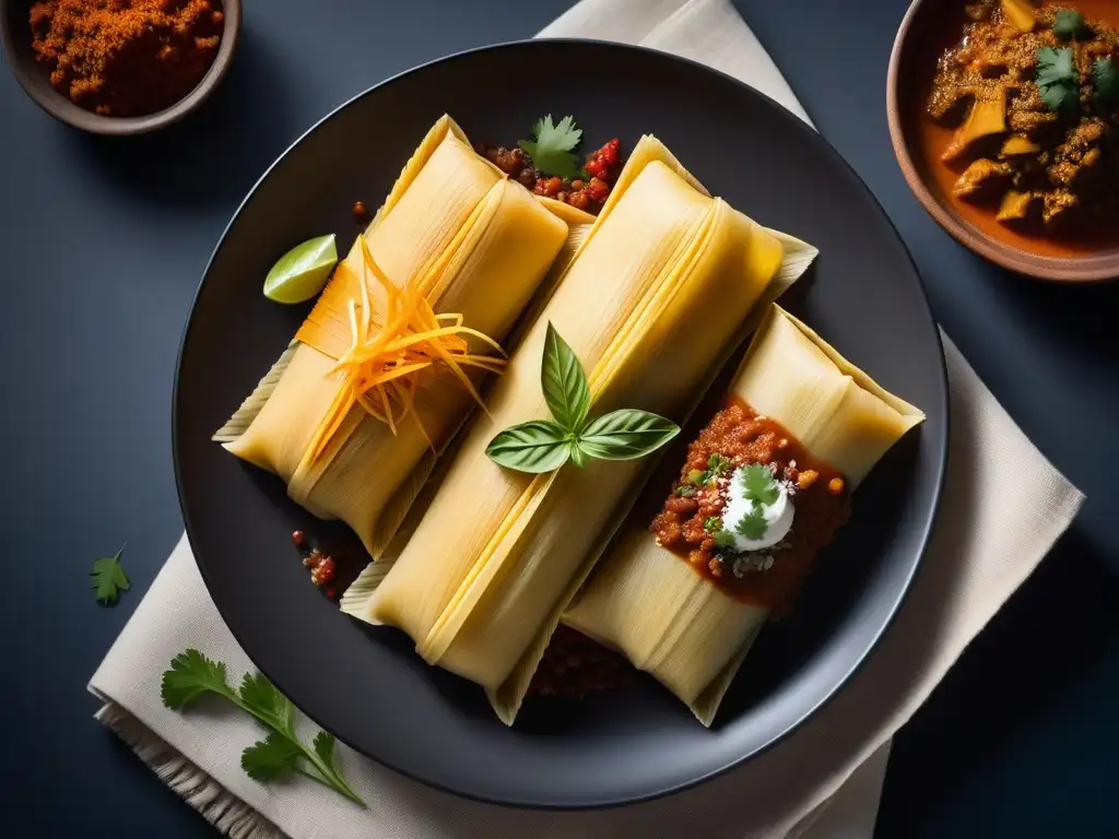 Un festín visual de tamales veganos de Latinoamérica en elegantes platos minimalistas