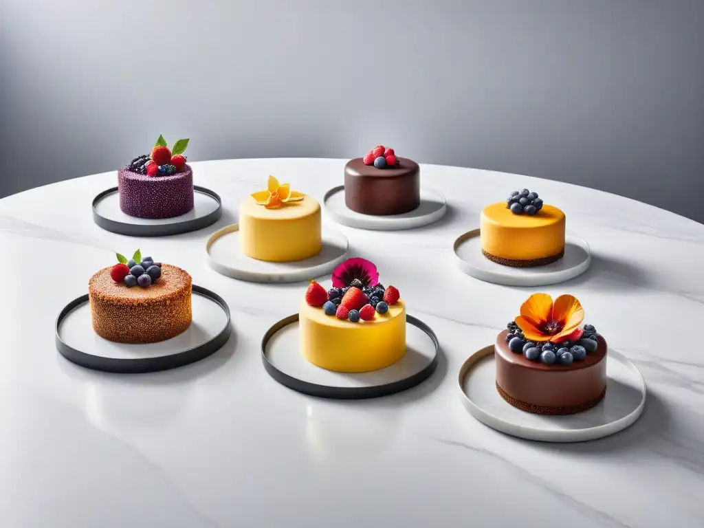 Un festín visual de tartas veganas sabores combinados, obras maestras de decoración y sabor sobre mármol blanco