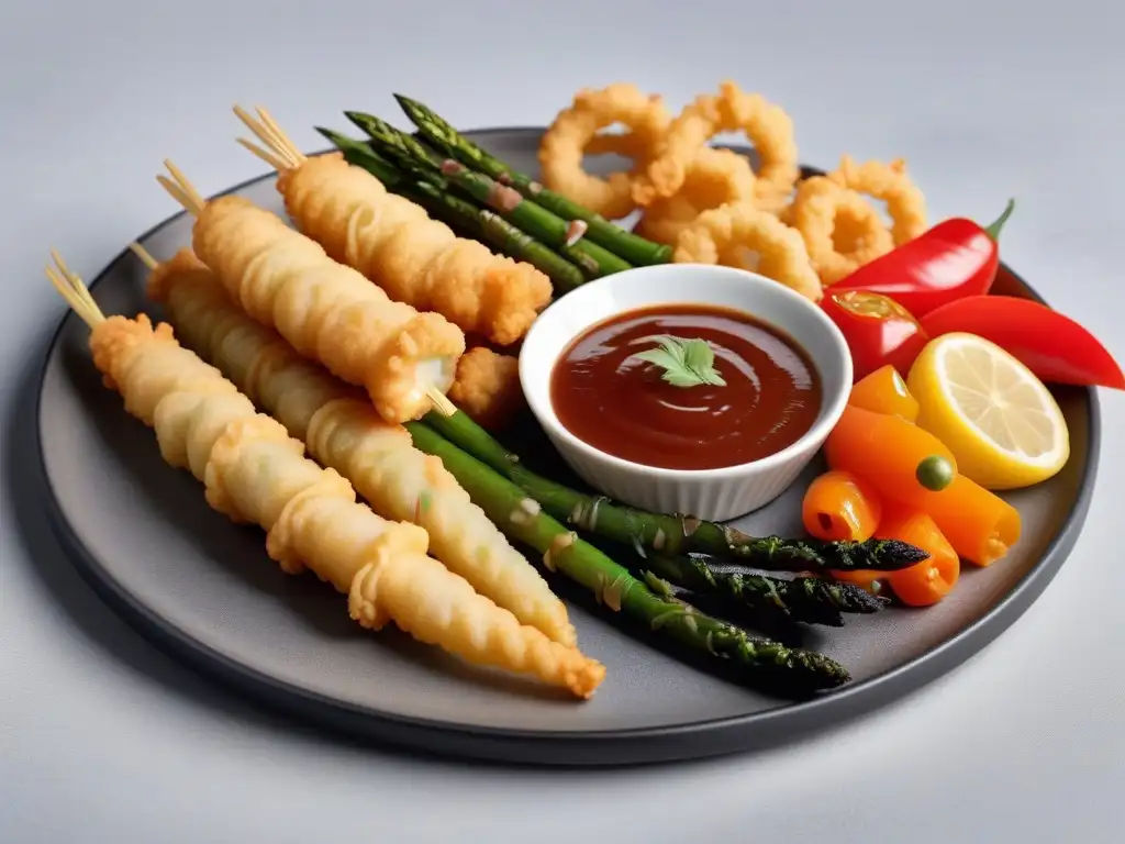 Un festín visual de tempura vegana con asparagus, shiitake, batatas y pimientos, adornado con hierbas frescas y salsa de soja jengibre