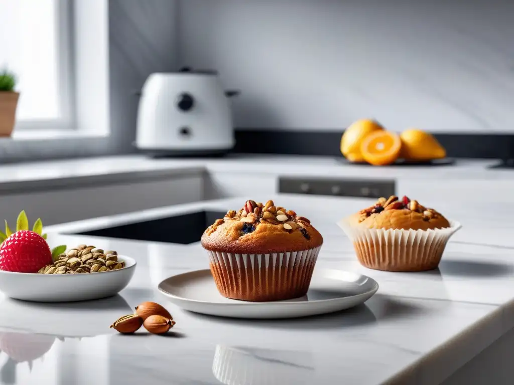 Un festín visual de muffins veganos decorados con frutas, nueces y semillas, en un elegante mostrador de mármol blanco