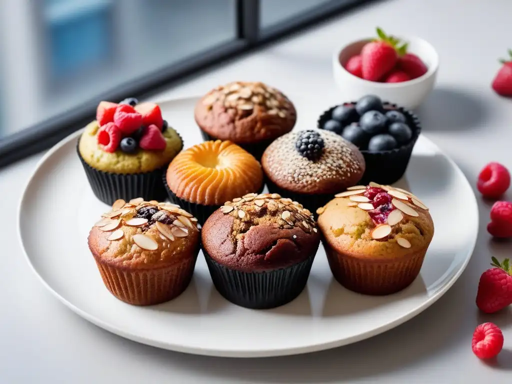 Un festín visual de muffins veganos energéticos para desayuno, con toppings vibrantes y saludables