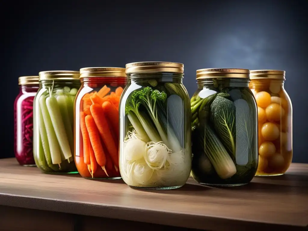 Un festín visual de fermentación de vegetales en cocina vegana con coloridas texturas y burbujas en los frascos