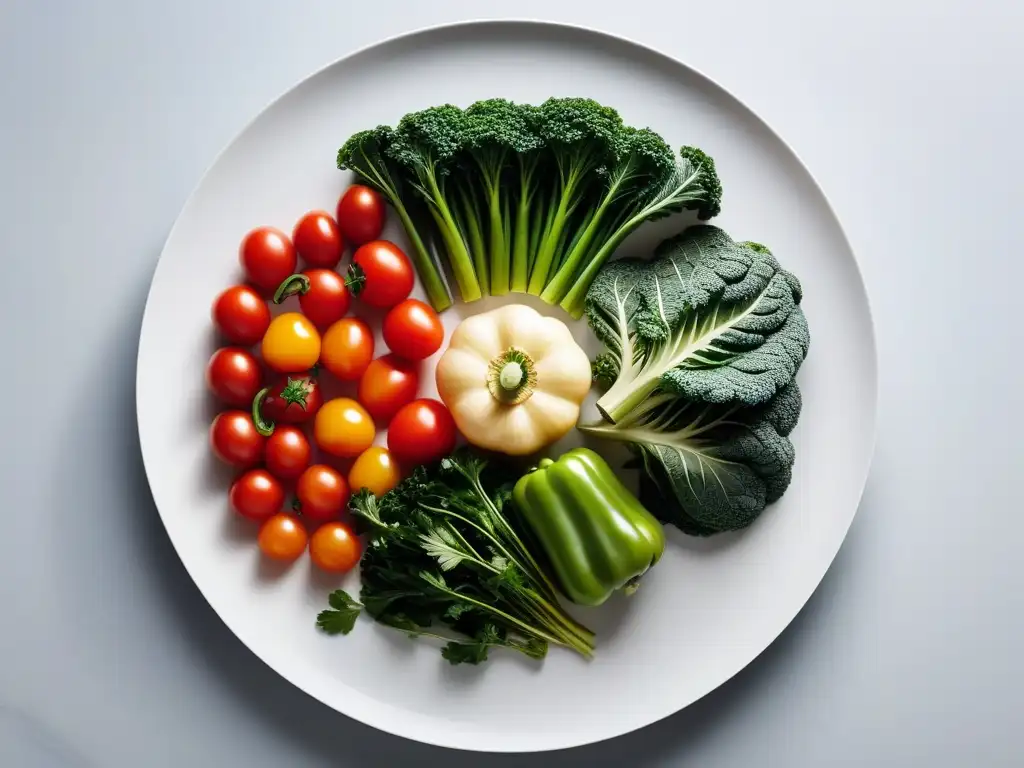 Un festín visual de verduras frescas y coloridas en un plato blanco, reflejando la dieta vegana para la diabetes