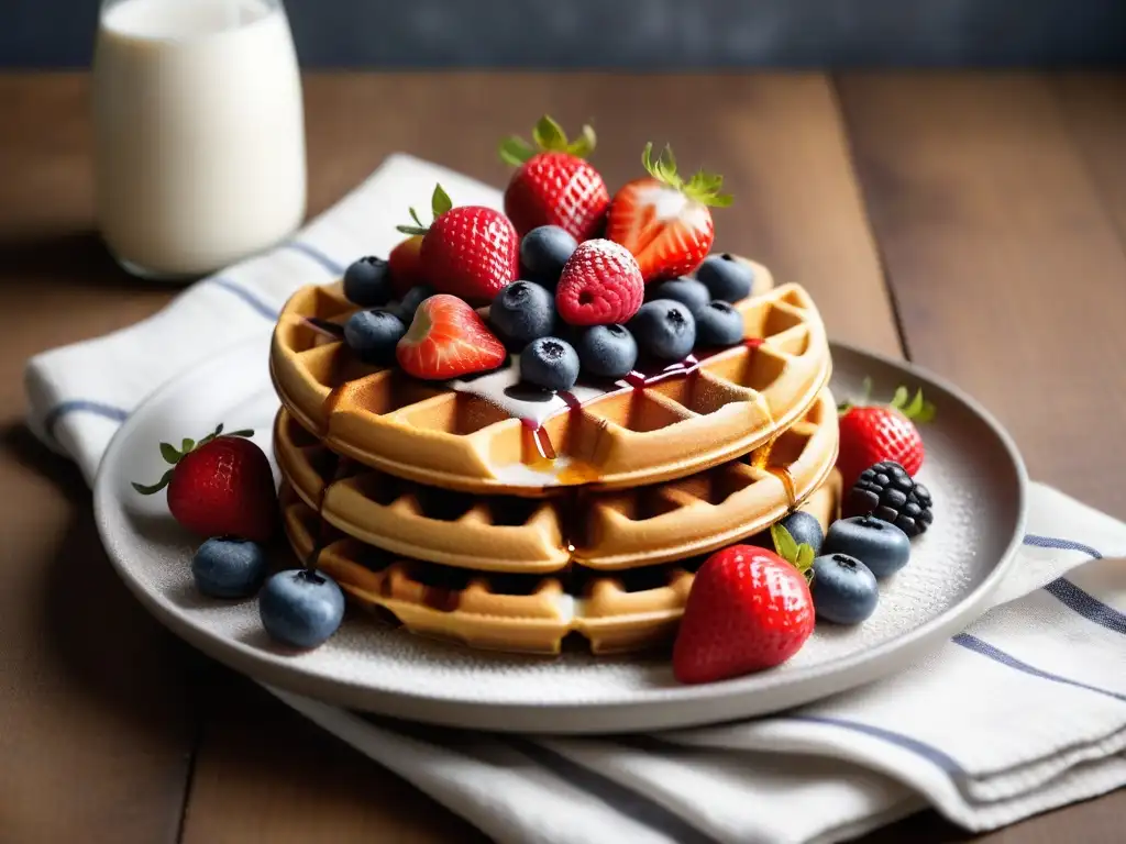 Un festín visual de waffles veganos crujientes con frutas frescas y sirope de arce, sobre una mesa rústica bañada en luz natural