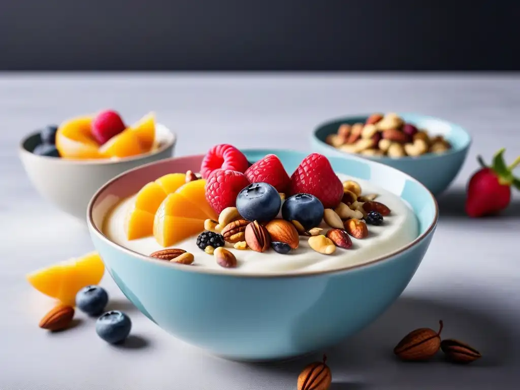 Un festín visual de yogures veganos en un mercado, decorados con frutas y semillas frescas sobre una mesa minimalista