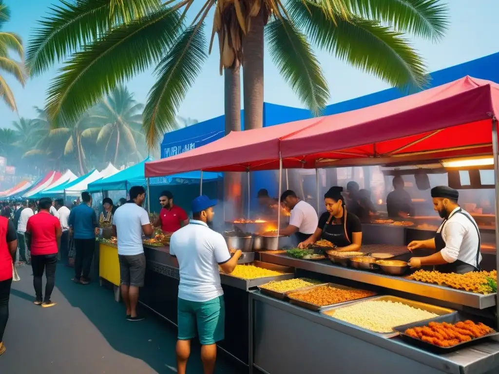 Festival callejero vegano en Oceanía con sabores vibrantes y coloridas delicias siendo preparadas y servidas