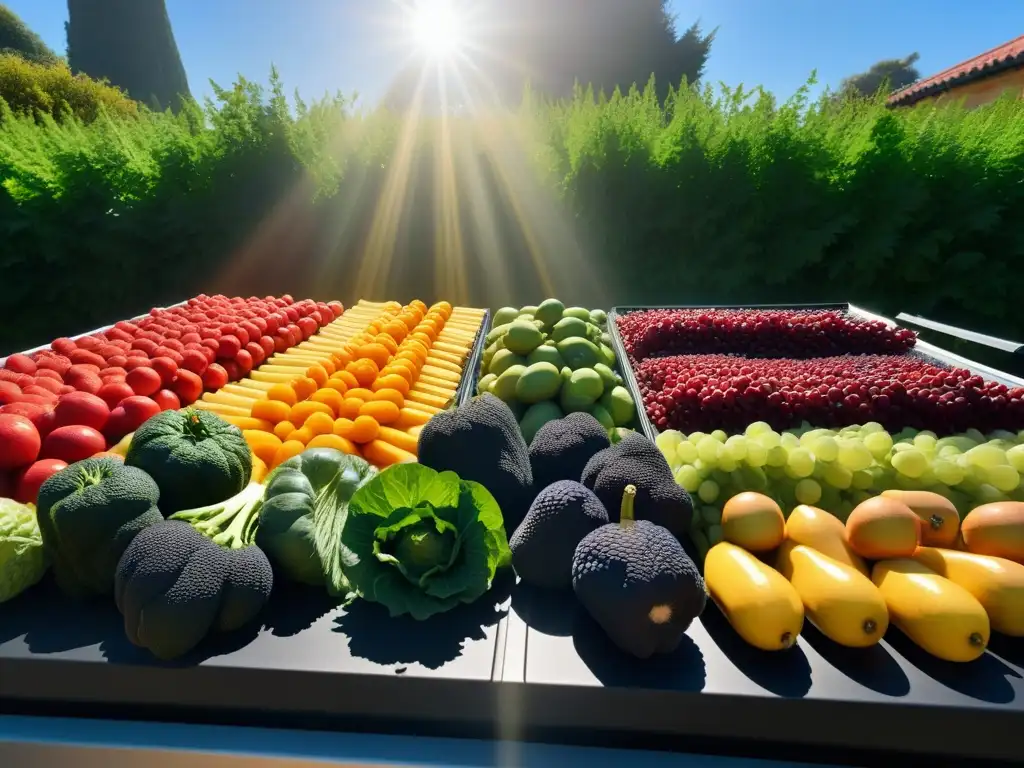 Un festival de colores y sabores en un deshidratador solar, resaltando la esencia del secado solar en la cocina vegana