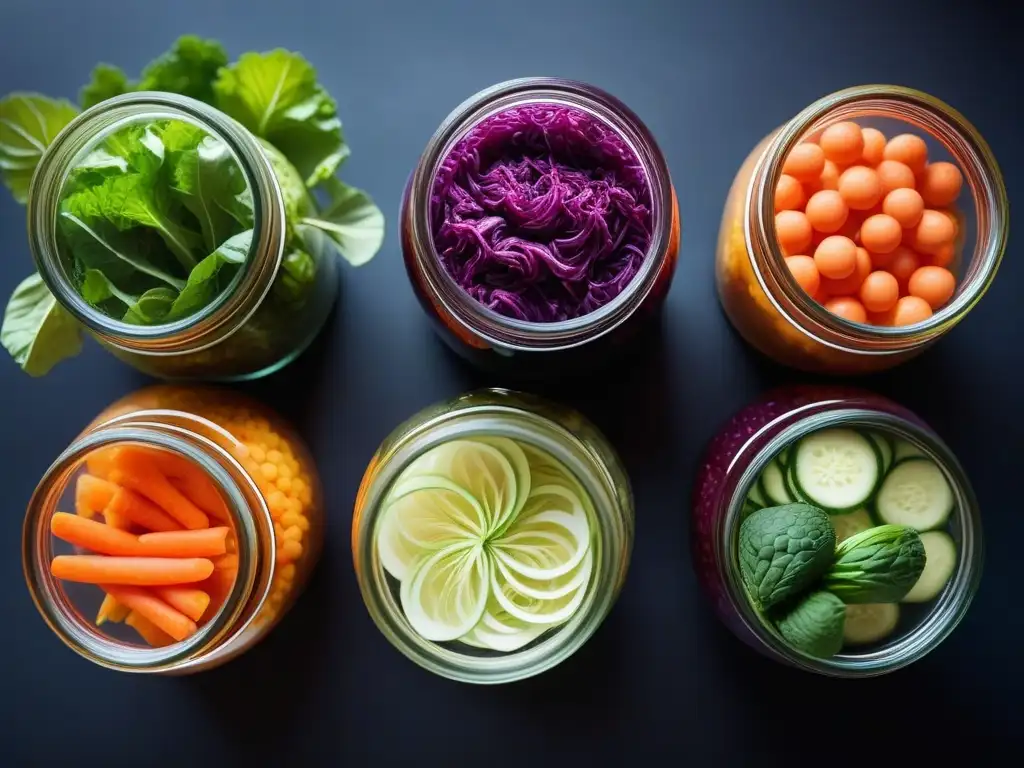 Un festival de colores y sabores en la fermentación de alimentos veganos, con burbujas y vegetales frescos
