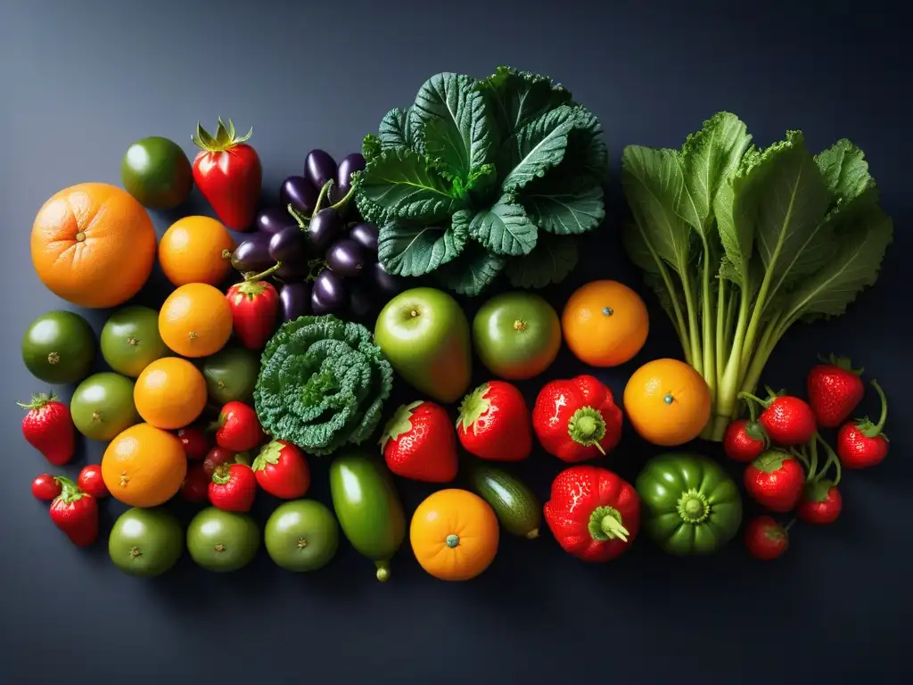 Un festival de colores y sabores con frutas y verduras frescas en una presentación artística