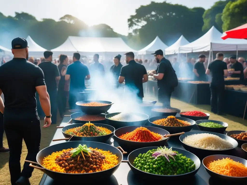 Un festival de comida vegana del mundo con puestos coloridos y deliciosos platillos veganos