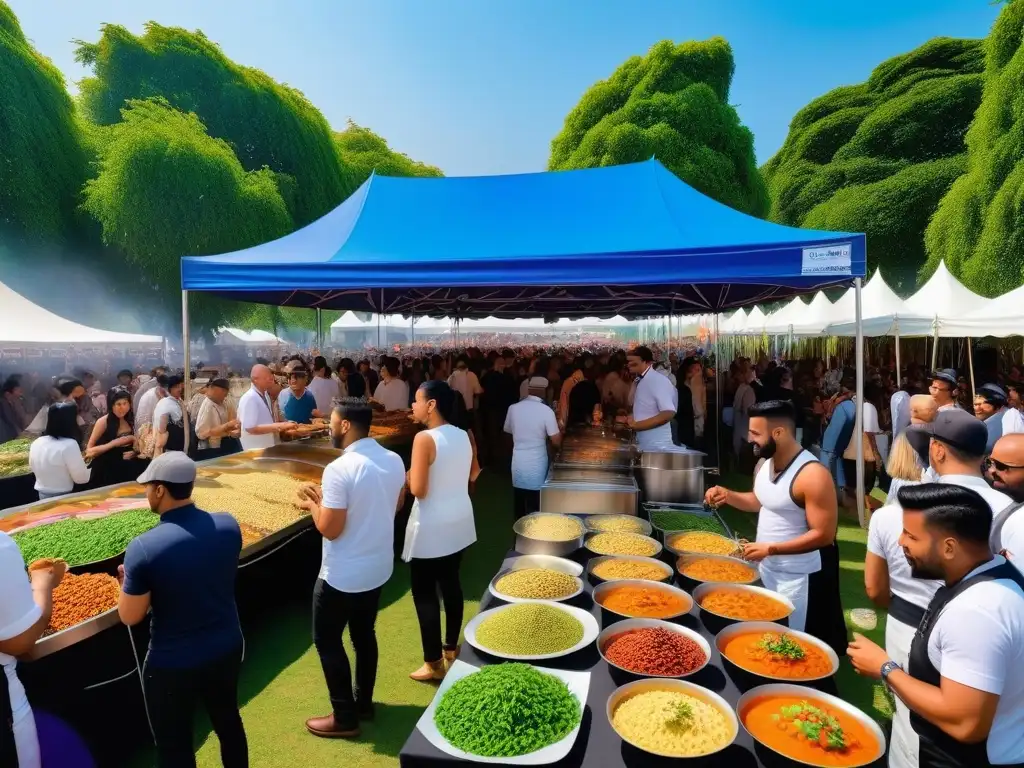 Festival de comida vegana del mundo con gente diversa disfrutando de delicias vegetarianas en un ambiente festivo y colorido