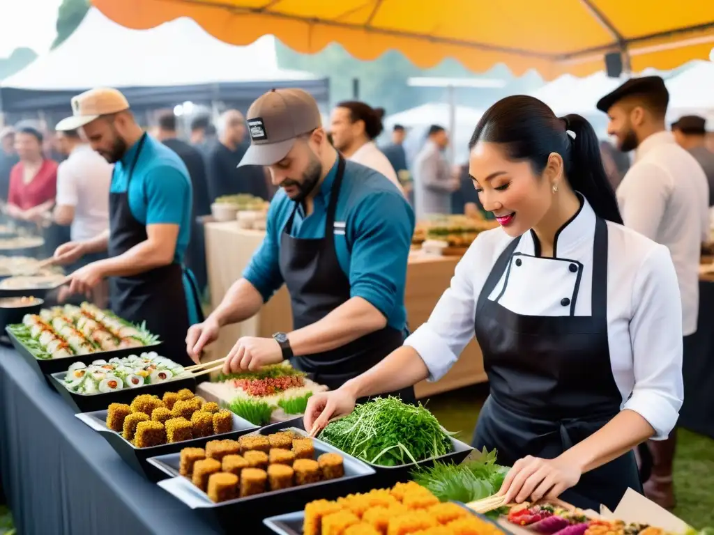 Un festival de comida vegana sustentable con arte culinario vibrante y diverso