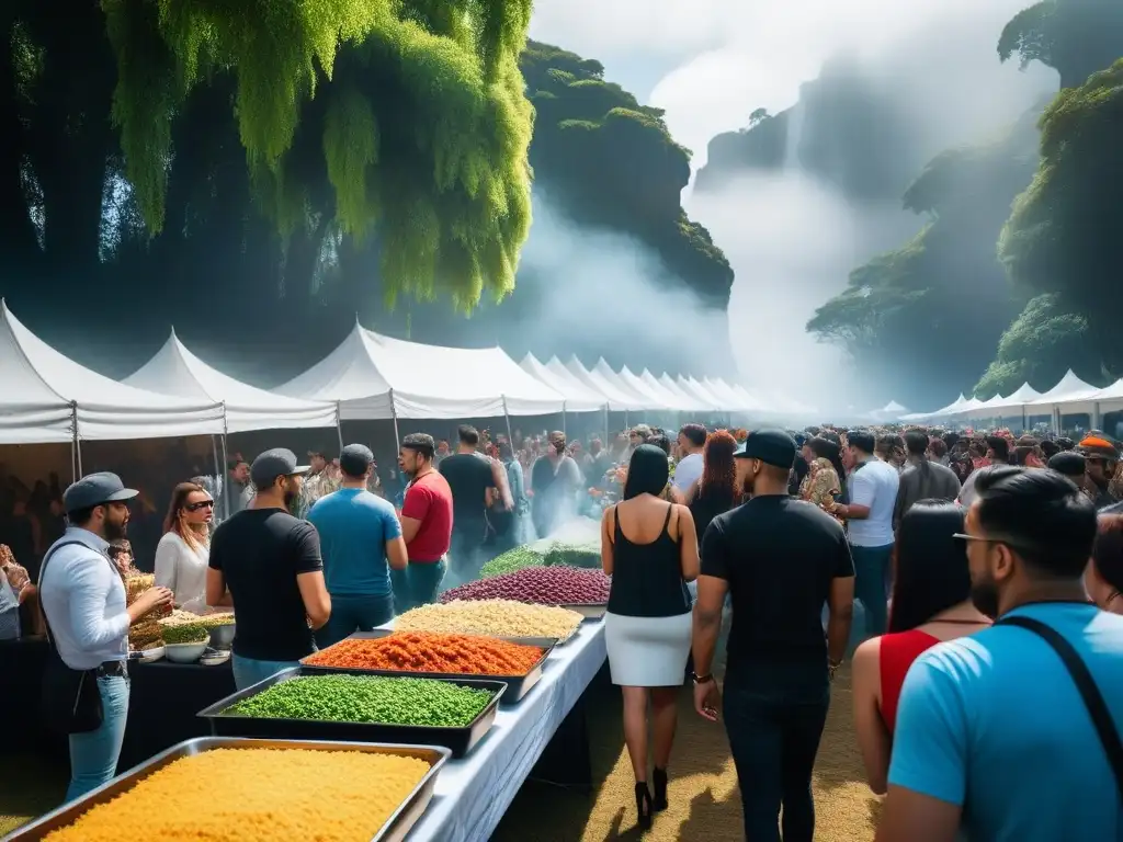 Un festival de comida vibrante y bullicioso en Sudamérica, con platos veganos coloridos y tentadores