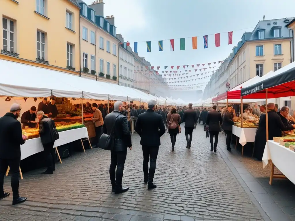 Un festival culinario vegano en Europa, con puestos coloridos y chefs apasionados preparando delicias