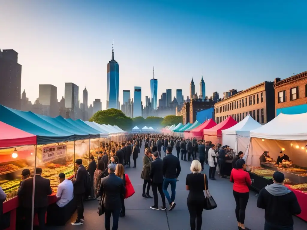 Festival de gastronomía vegana en Nueva York con puestos de comida coloridos y gente disfrutando de delicias veganas bajo un cielo azul