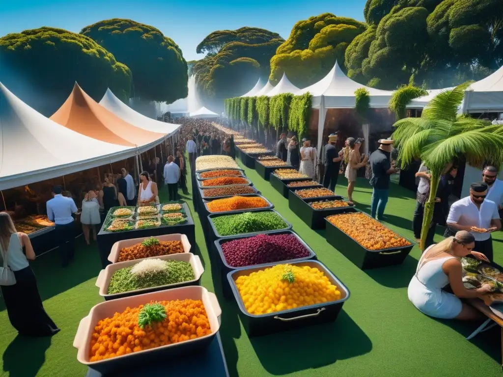 Un festival gastronómico vegano vibrante en una ciudad bulliciosa de Oceanía, con platos coloridos de diversas culturas presentados de forma elegante