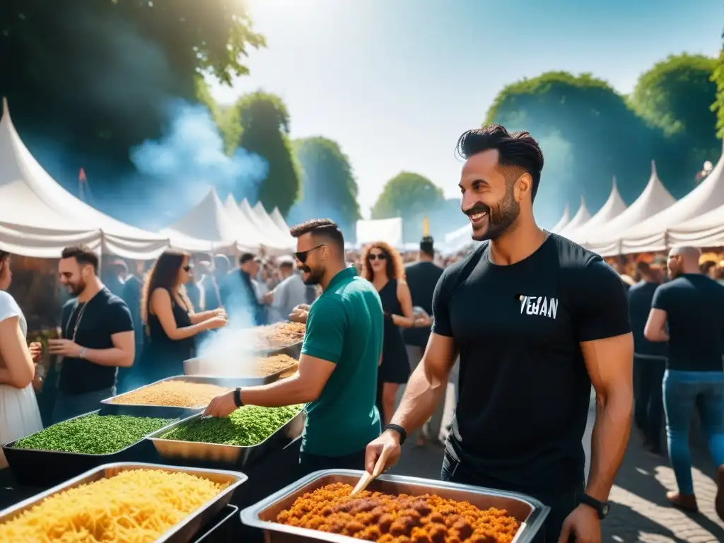 Un festival vegano en Europa, con coloridos puestos de comida y una atmósfera inclusiva y vibrante