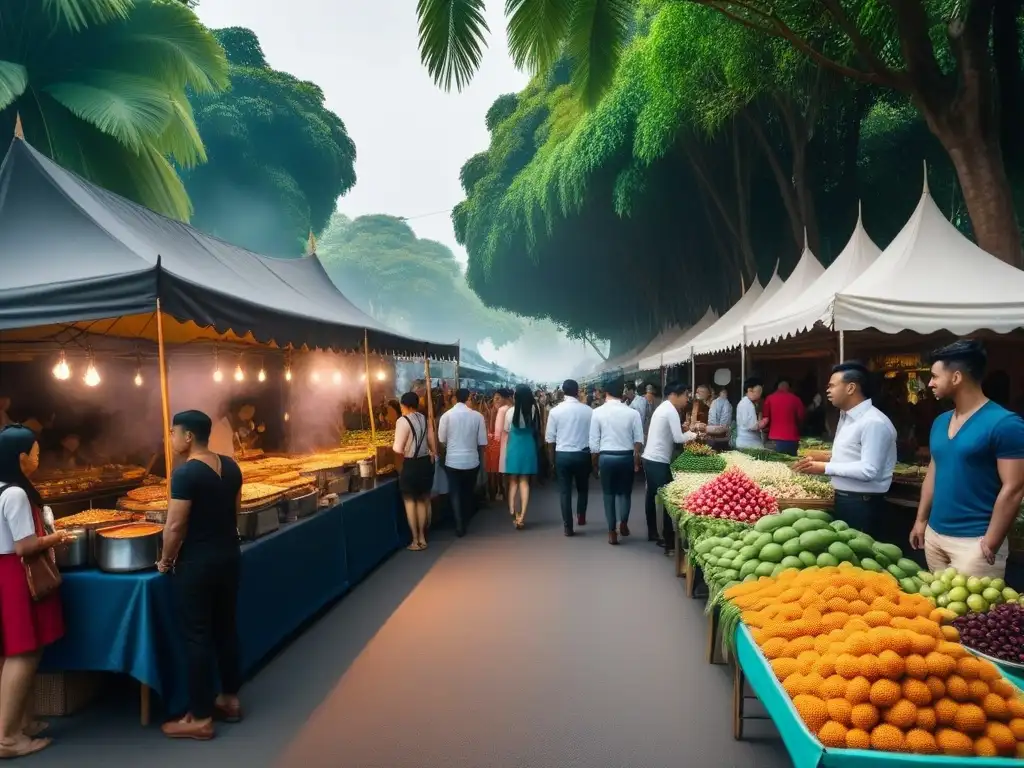 Festival vegano exótico en Tailandia con coloridas decoraciones y comida, bajo palmeras verdes