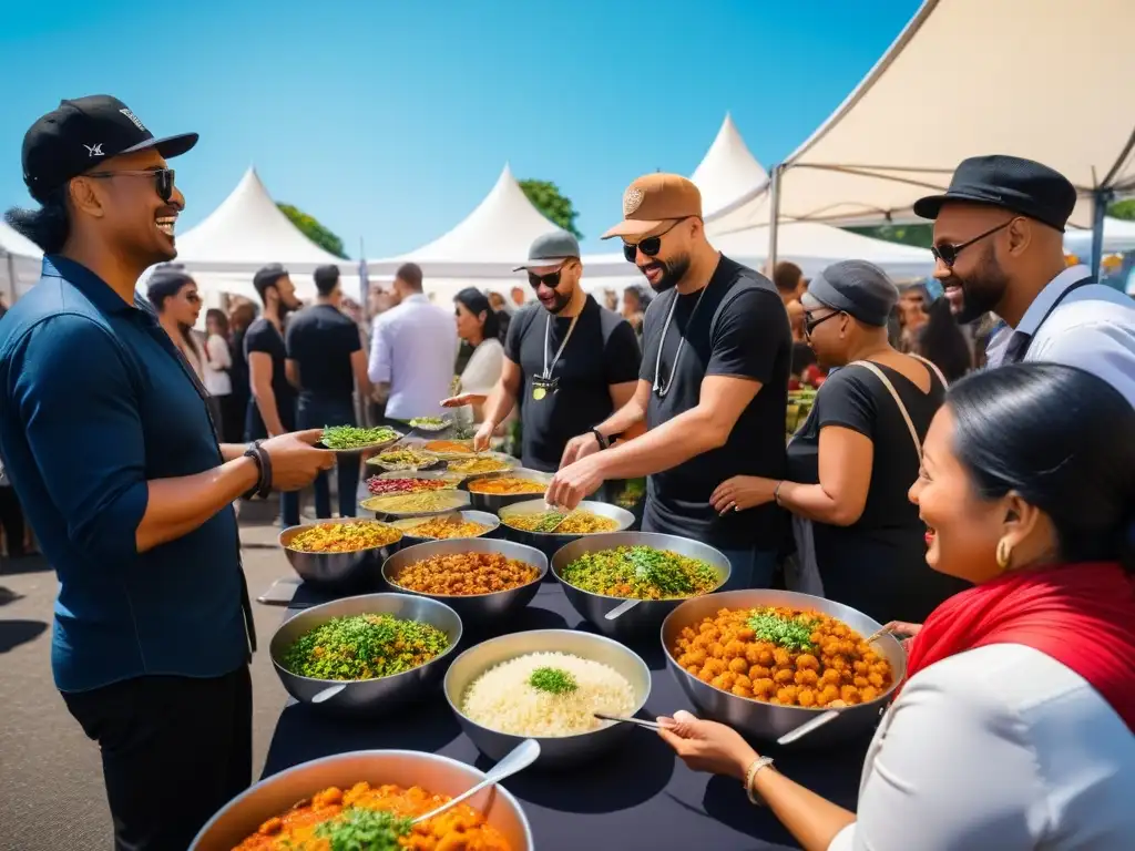 Festival vegano experiencias culinarias: Grupo diverso disfruta de delicias veganas en vibrante festival de comida vegana