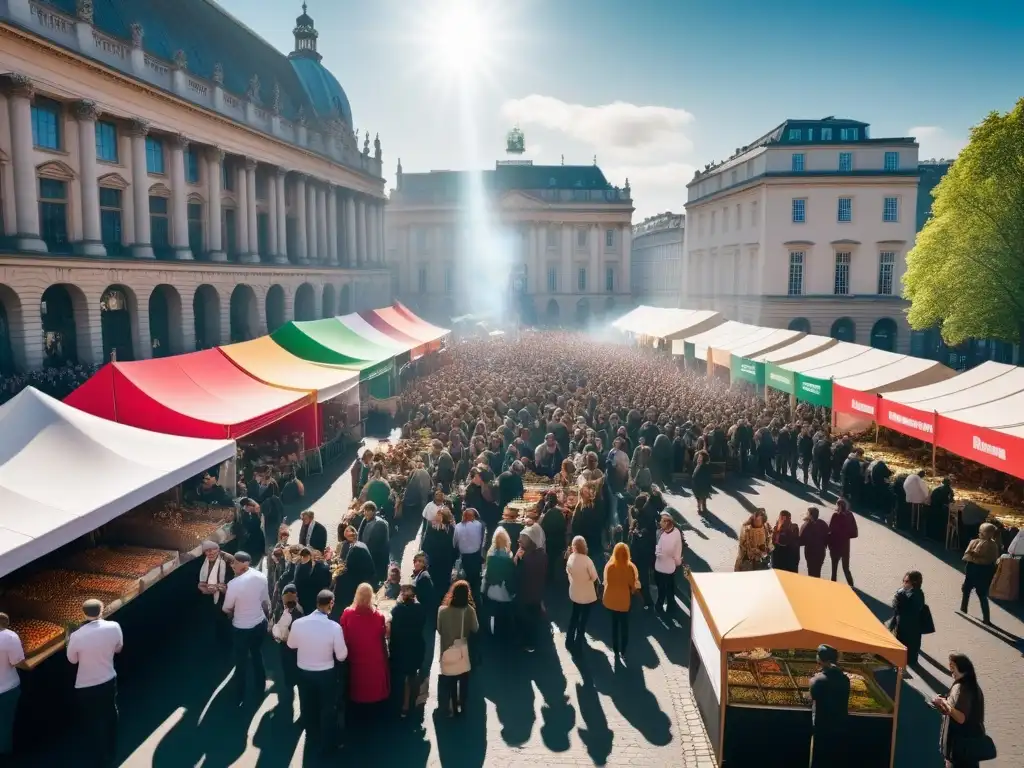 Un festival vegano global en una plaza, con coloridos puestos de comida y charlas sobre veganismo