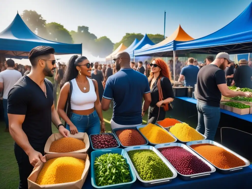 Festival vegano internacional 2021 con diversidad de visitantes explorando puestos de comida colorida y participando en talleres sobre vida sostenible