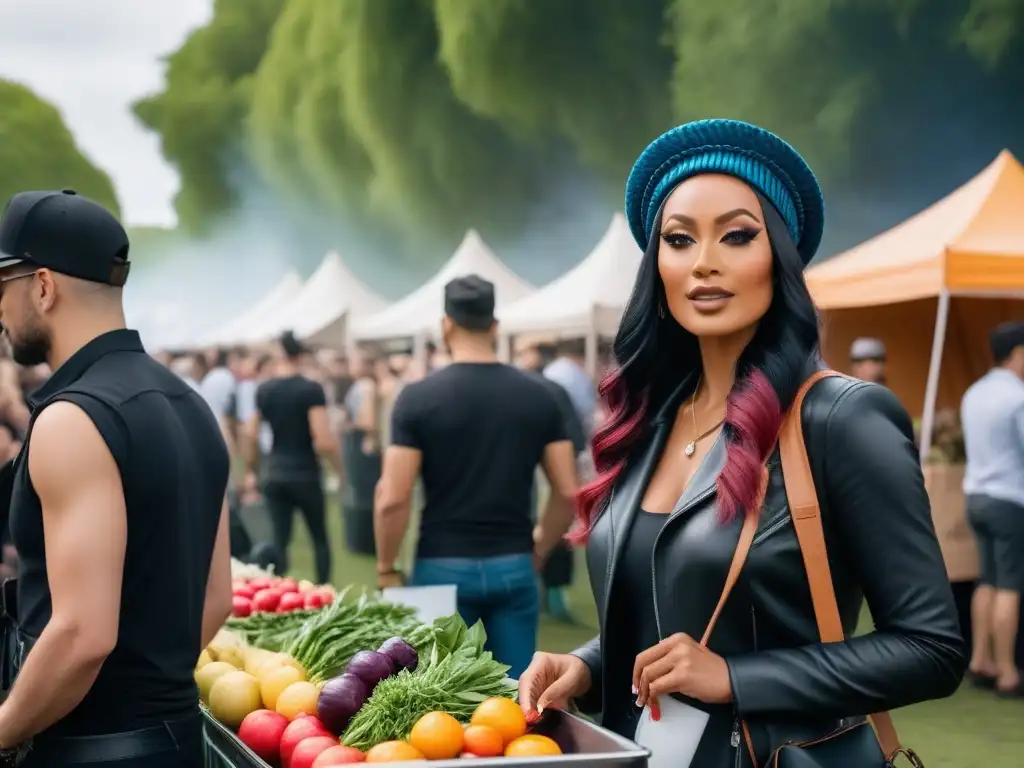 Festival vegano internacional 2021: escena vibrante con comida vegana, food trucks coloridos y entusiastas probando delicias cruelty-free