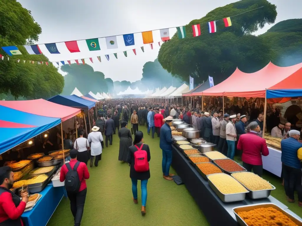 Un festival vegano lleno de vida y diversidad gastronómica mundial, con coloridos puestos de comida y gente feliz degustando delicias