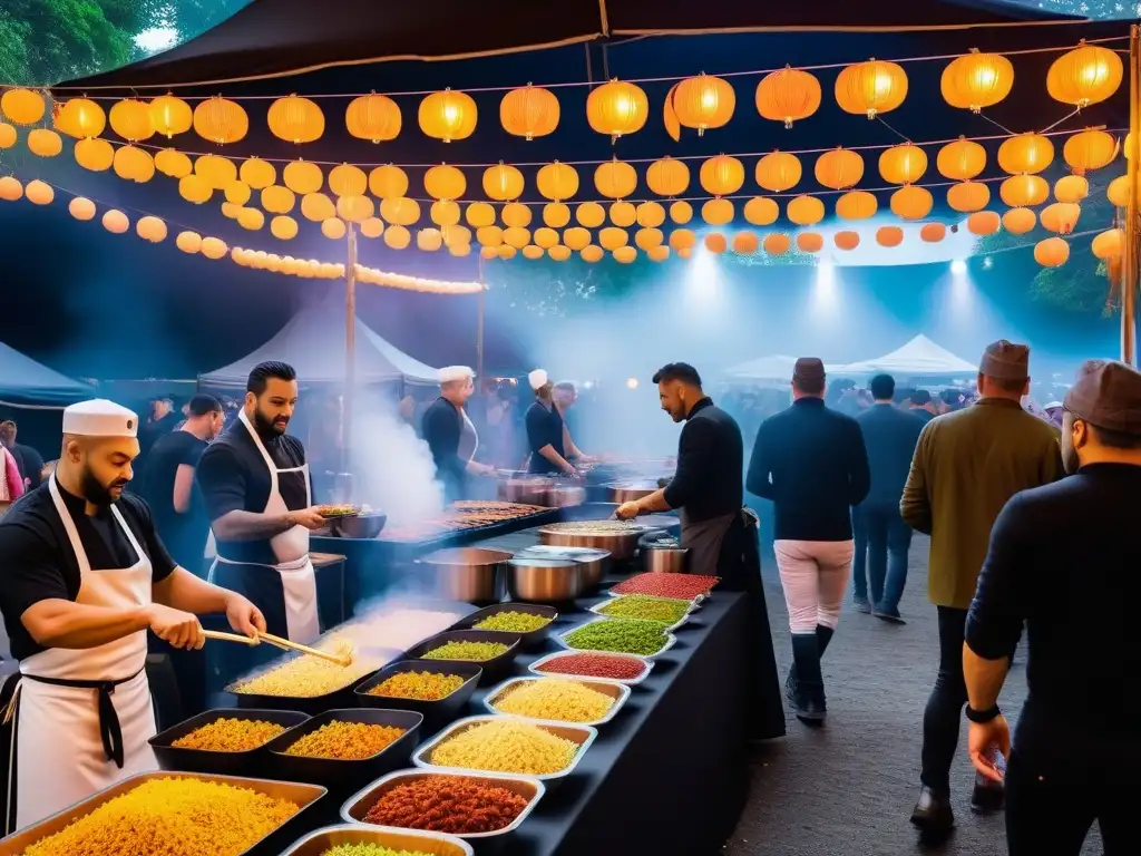 Festival vegano gastronomía mundial: escena vibrante de mercado con platos coloridos de todo el mundo