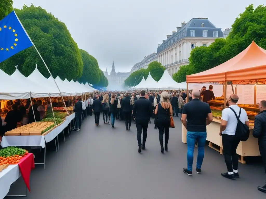 Festival vegano en Europa con puestos de comida coloridos, gente disfrutando y banner 'Eventos Veganos Europa 2022'