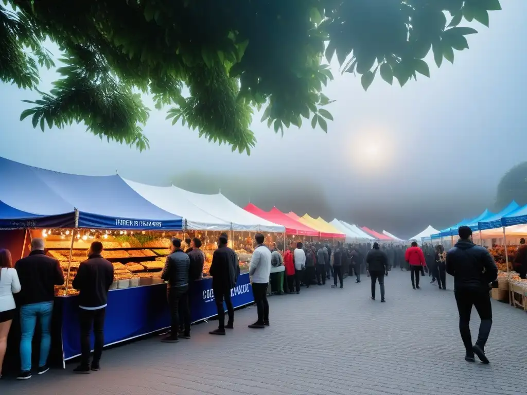 Un festival vegano vibrante y concurrido en el que se ofrecen delicias vegetales bajo un cielo azul claro, rodeado de visitantes entusiastas