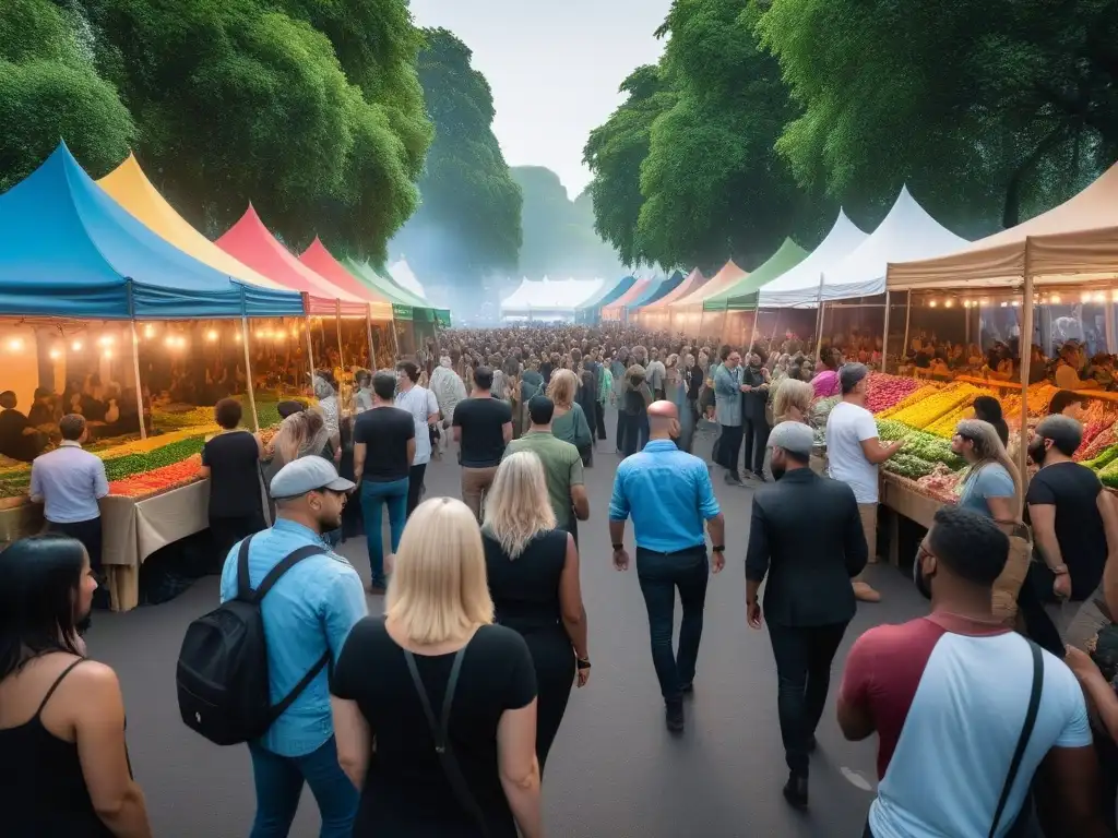 Un festival vegano vibrante lleno de diversidad, incluyendo personas de todas las edades y géneros, disfrutando de la comunidad y el activismo